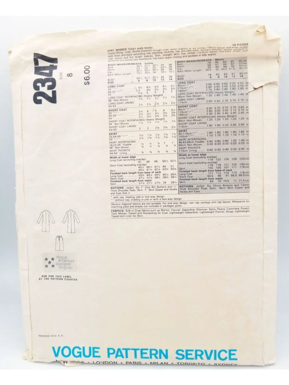 Vintage Vogue 2347 Kasper Sewing Pattern Misses Coat Skirt American Designer